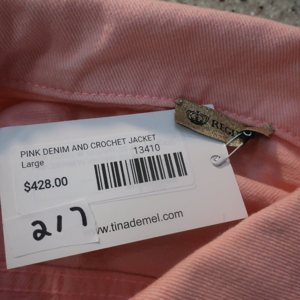 NWT Womens Regina (Item- 217) Pink Multicolor Crochet Motif Denim Jacket L - Picture 7 of 8